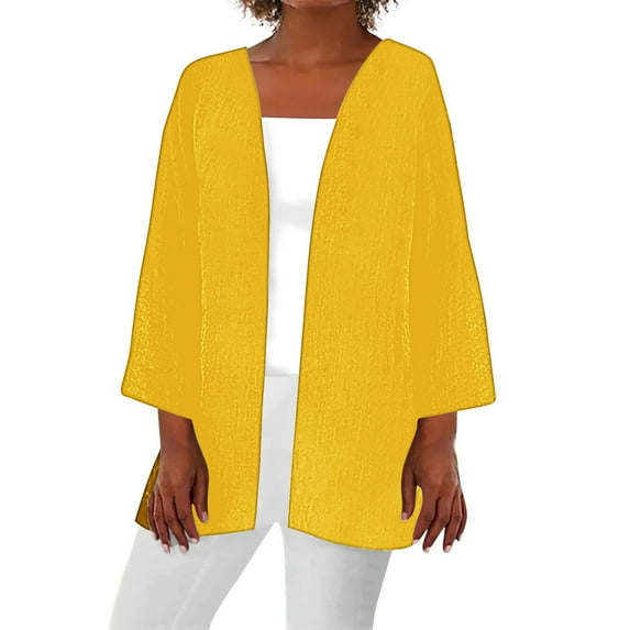 ZQGJB Lightweight Cardigans for Women Trendy Solid Color Summer Fall Long Sleeve Open Front Kimono Tops Loose Fit Soft Cotton Thin Blouse Light Yellow S
