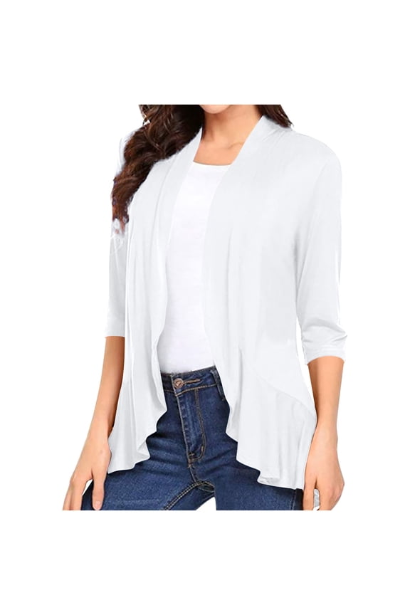 Lightweight Cardigans for Women Trendy Solid Color 3/4 Sleeve Open Front Cardigan Loose Soft Draped Ruffles Pullover Sweaters Tops White L