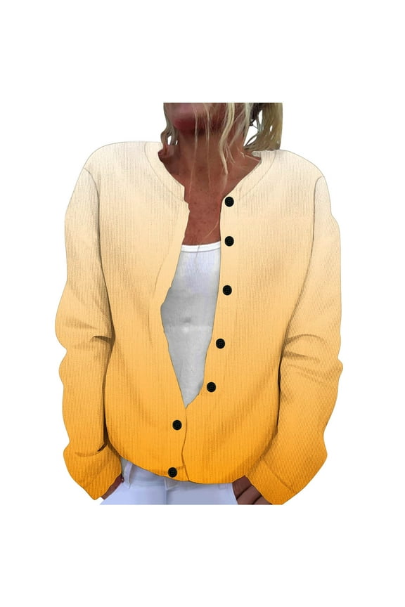 Lightweight Ombre Cardigan Sweaters for Women Loose Fit Casual Long Sleeve Tie Dye Gradient Priint Button Down Knitted Open Front Sweater Outwear Tops Yellow XXXL