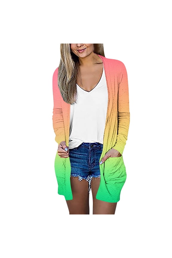 Lightweight Thin Jackets for Women Trendy Tie Dye Gradient Printed Long Sleeve Open Front Kimono Cardigan Tops Loose Sweaters Coat Outwear with Pockets Multicolor#08 S