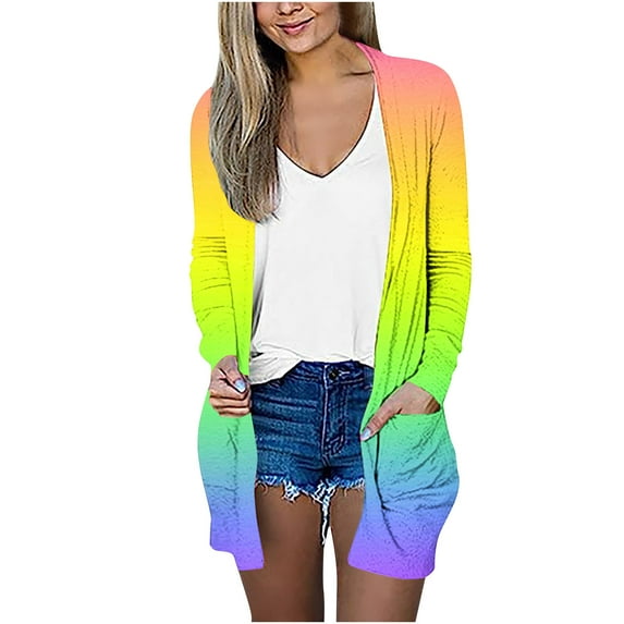 ZQGJB Lightweight Thin Jackets for Women Trendy Tie Dye Gradient Printed Long Sleeve Open Front Kimono Cardigan Tops Loose Sweaters Coat Outwear with Pockets Multicolor#02 XL