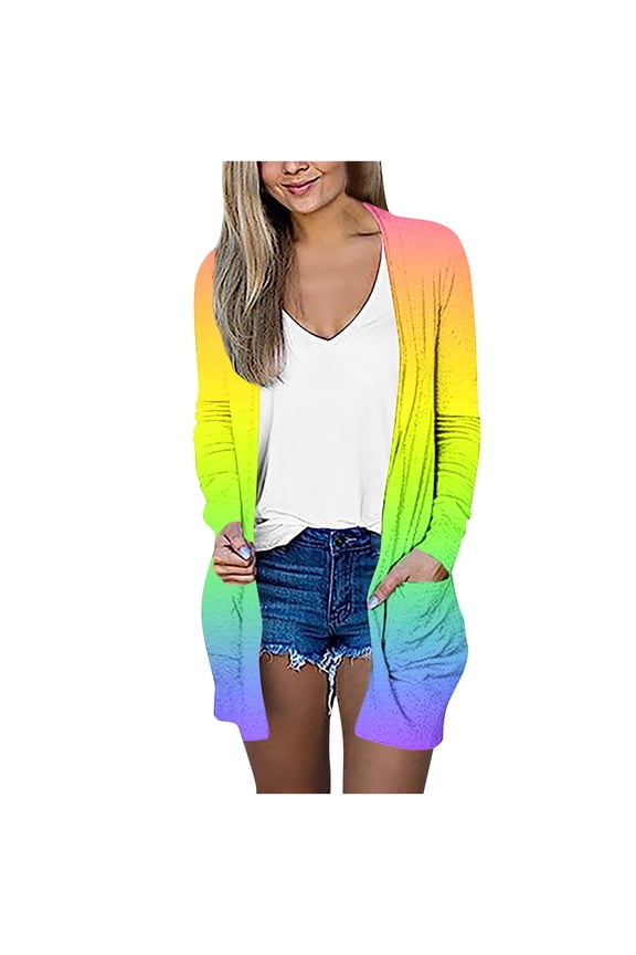 Lightweight Thin Jackets for Women Trendy Tie Dye Gradient Printed Long Sleeve Open Front Kimono Cardigan Tops Loose Sweaters Coat Outwear with Pockets Multicolor#02 L