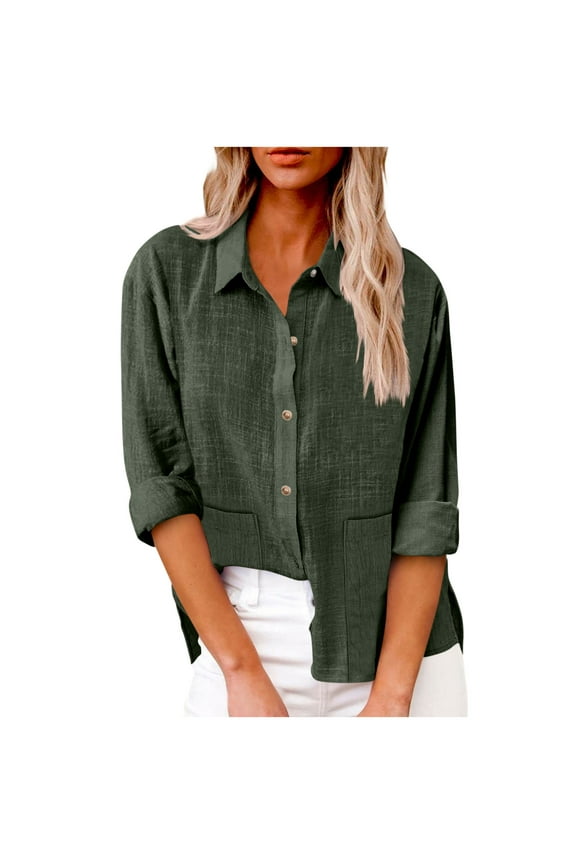 Linen Button Down Shirts for Women Fall Casual Rolled-up Long Sleeve Work Tops Lightweight Soft Cotton Beach Vacation Tees Blouse with Pockets Army Green S