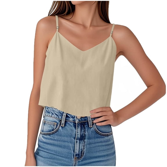 ZQGJB Linen Camisole Tops for Women Summer Casual Sleeveless V Neck Tank Top Loose Fit Adjustable Spaghetti Strap Cami Shirts Khaki XL