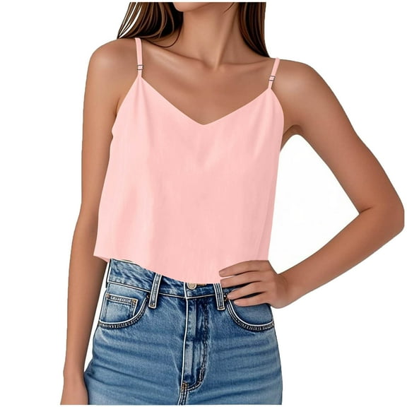 ZQGJB Linen Camisole Tops for Women Summer Casual Sleeveless V Neck Tank Top Loose Fit Adjustable Spaghetti Strap Cami Shirts Pink L