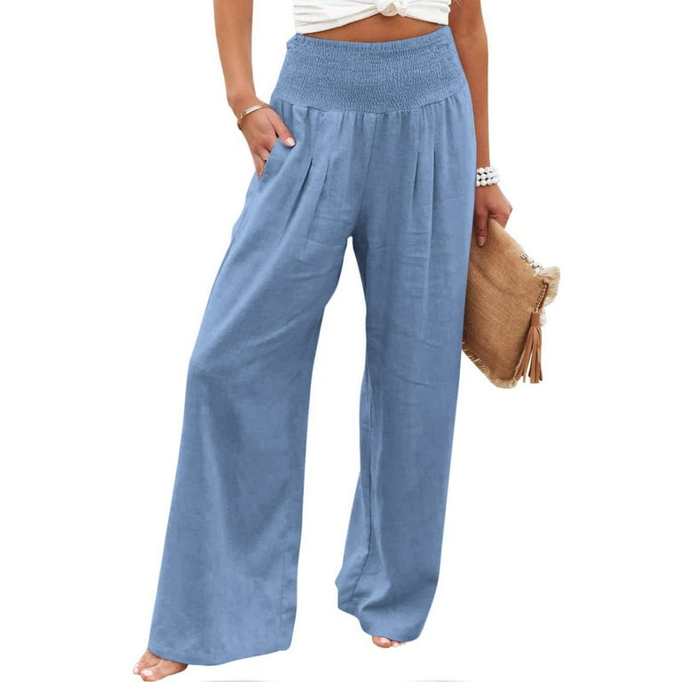 ZQGJB Linen Pants for Women High Waisted Wide Leg Loose Fit Palazzo Pants Casual Summer Beach Trendy Solid Color Trouses with Pockets Blue S