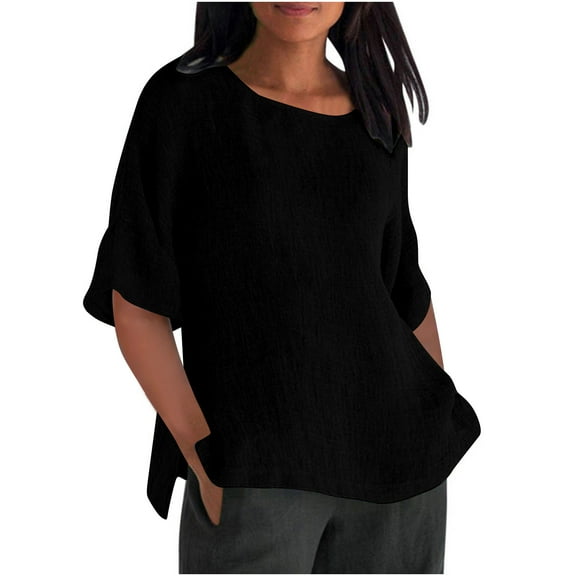ZQGJB Linen Shirts for Women Plus Size Summer Half Sleeve Round Neck Plain Tees Shirt Loose Lightweight Dressy Casual Solid Color Workout Tunic Blouse Black XL