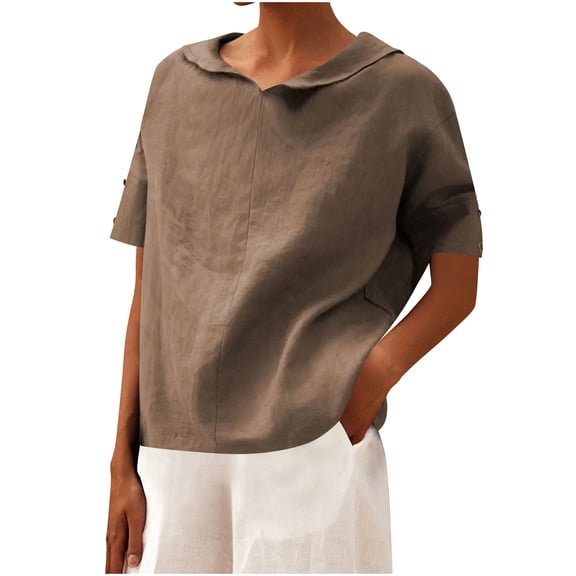 ZQGJB Linen Shirts for Women Plus Size Casual Summer Short Sleeve Round Neck Plain Tees Shirt Loose Oversized Comfy Soft Cotton Pullover Tops Khaki M
