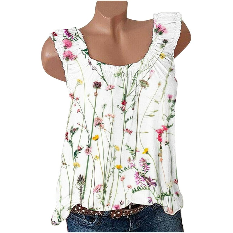ZQGJB Linen Tank Tops for Women Tie Dye Floral Pattern Print Summer  Sleeveless Round Neck Graphic Tees Shirt Loose Fit Casual Workout Tshirt  White M