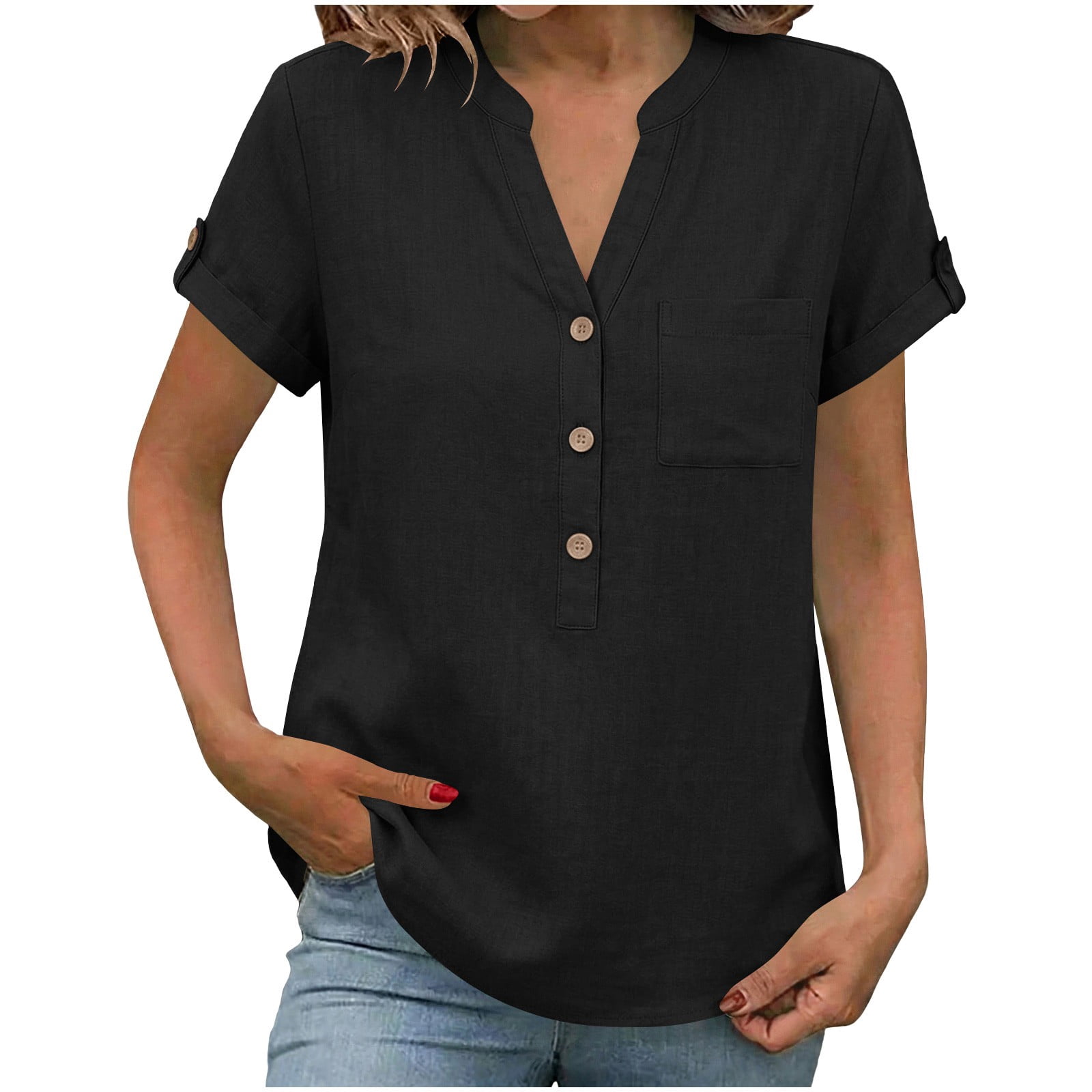ZQGJB Linen Tops for Women V Neck Button Down Blouse Roll-up Short ...