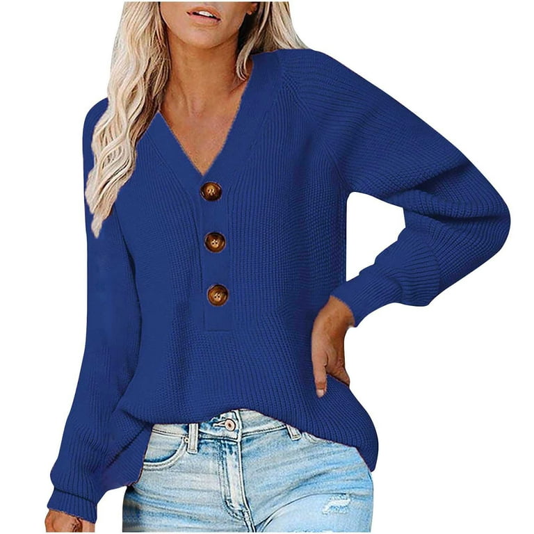 ZQGJB Long Sleeve Casual Button V Neck Knit Pullover Sweater for Women  Trendy Solid Color Loose Lightweight Thin Coat Outwear Jackets Blue M