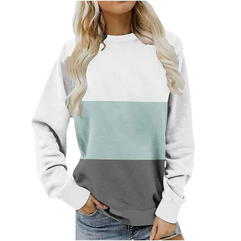 ZQGJB Long Sleeve Color Block Shirts for Women Casual Graphic Pullover Tops  Lightweight Comfy Crew Neck Sweatshirts Leisure Striped T-Shirts(White,S)