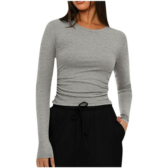 ZQGJB Long Sleeve Crewneck Basic T-Shirts for Women Casual Slim Fit Going Out Tshirt Tops Trendy Solid Color Athletic Workout Pullover T-Shirts Blouse Tight Y2k Outfits Light Gray M
