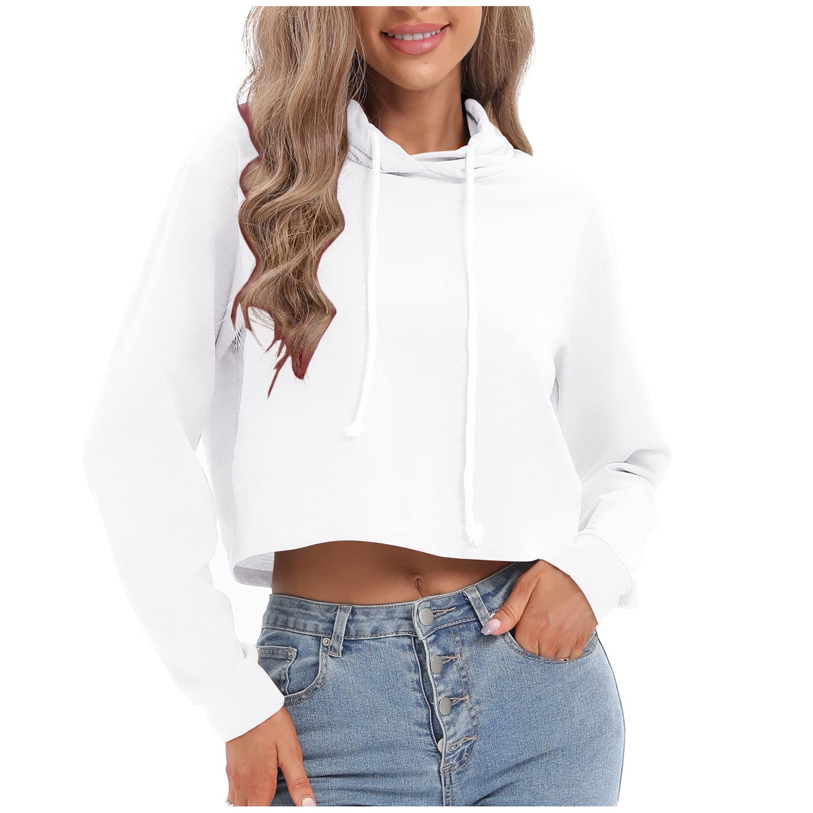 ZQGJB Long Sleeve Cropped Sweatshirts for Women Fall Spring Casual Long  Sleeve Pullovers Cute Plain Crop Hoodie Tops Trendy Out Going  Hoodies(White,M)