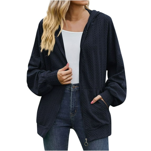 ZQGJB Long Sleeve Full Zip up Jackets for Women Trendy Solid Color Open Front Cardigan Sweater Tops Loose Oversized Comfy Knitted Pullover Blouse Navy M