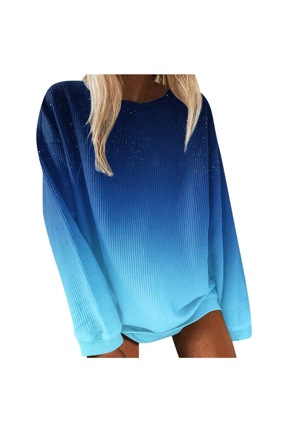 Long Sleeve Ombre Shirts for Women Casual Ribbed Crew Neck Pullover Tops Tie Dye Print Trendy Sweatshirts Spring Clothes 2023(Blue#03,M)
