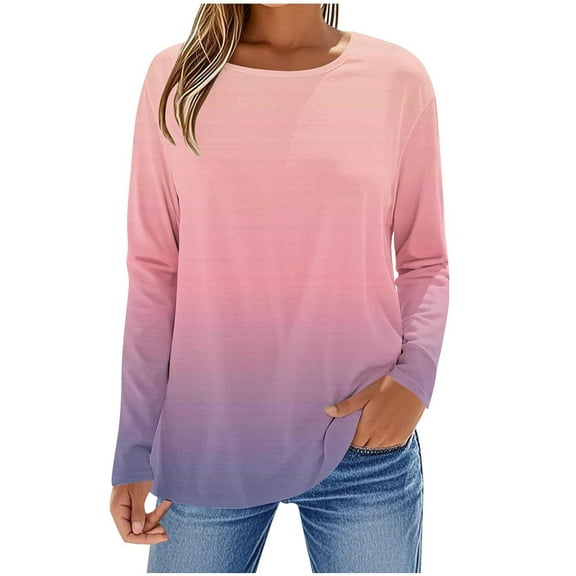 ZQGJB Long Sleeve Shirts for Women Fall Casual Tie Dye Gradient Color Print Crew Neck Tunic Blouse Loose Fit Pullover Tops Pink XXL