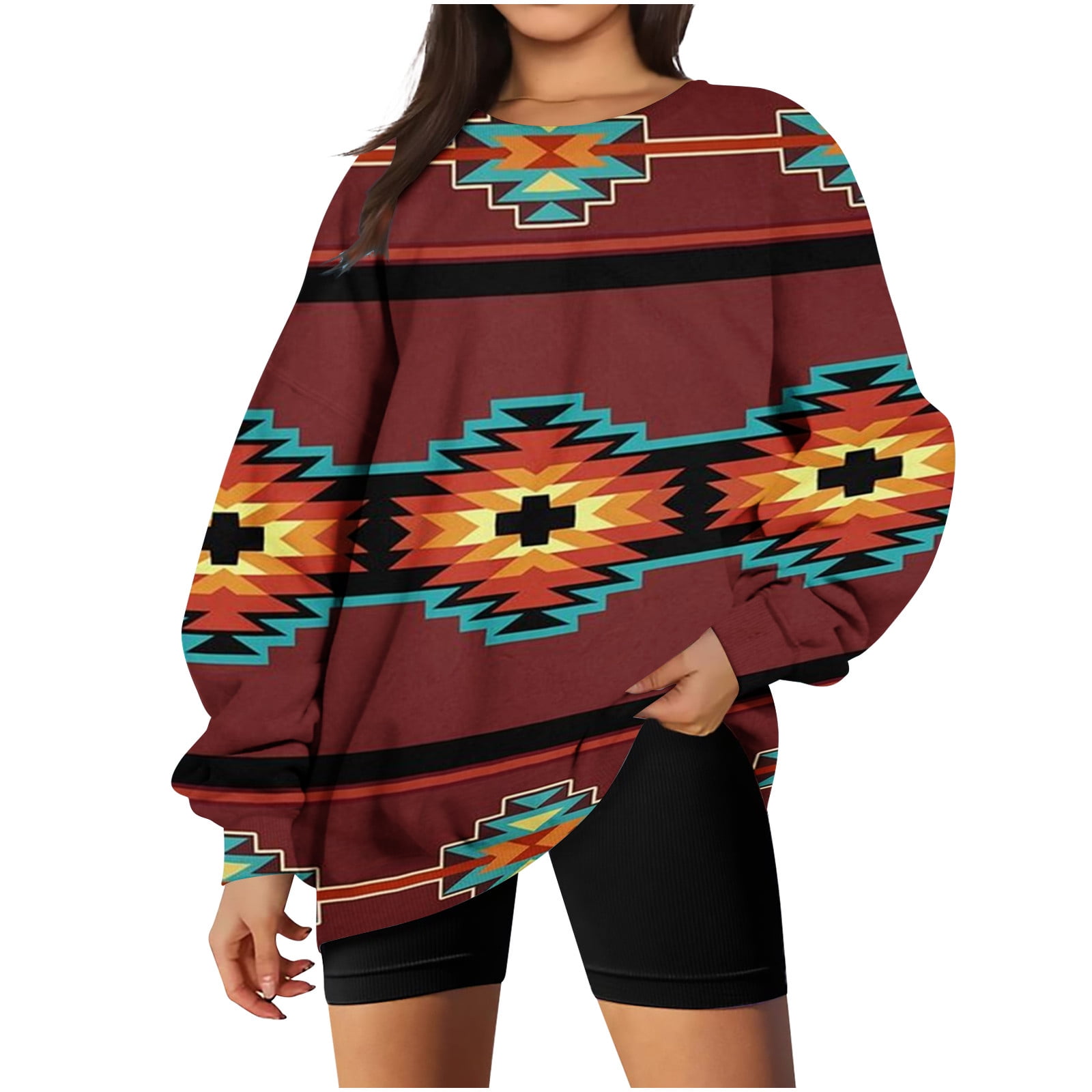 ZQGJB Long Sleeve Western Shirts for Women Vintage Aztec Print