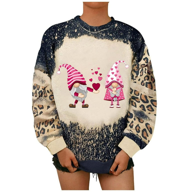 ZQGJB Long Sleeve Womens Valentines Day Bleached T Shirts Cute Love Gnome Graphic Crewneck Sweatshirts Loose Fit Casual Leopard Splicing Pullover