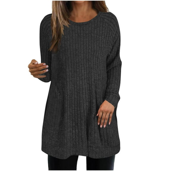 ZQGJB Long Tunic Sweater Tops for Women Lightweight Dressy Casual Fall Ribbed Knitted Long Sleeve Crewneck Basic Pullover T-Shirts Black L