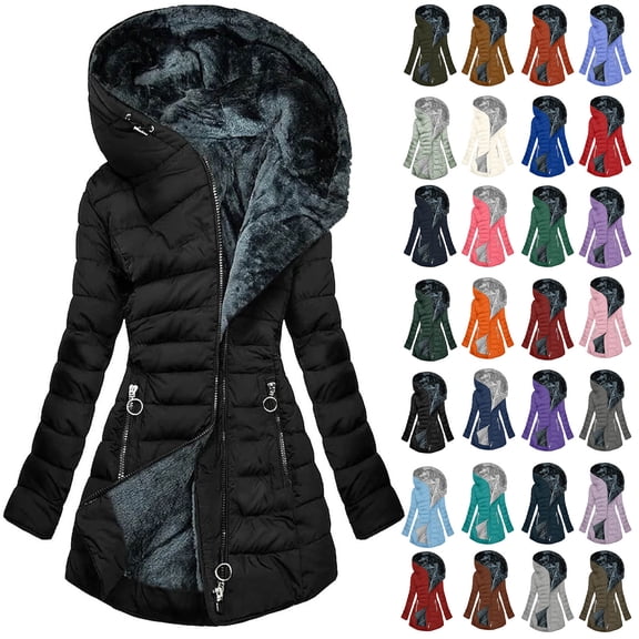 ZQGJB Long Winter Coats for Women Plus Size Casual Waterproof Sherpa Fleece Lined Long Sleeve Full Zip up Hooded Puffer Jacket Trendy Plush Thick Warm Parka Outwear Coat with Pockets Black XL