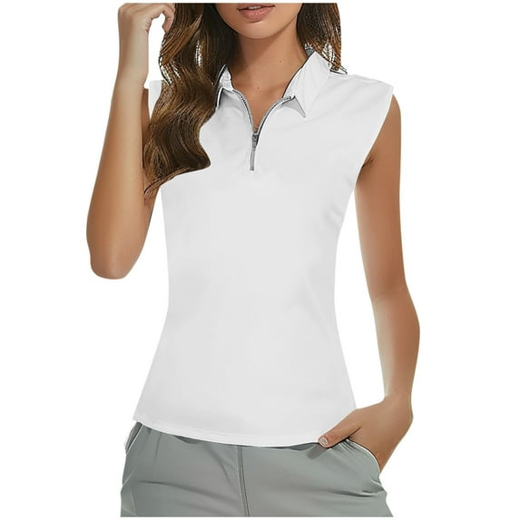 ZQGJB Mesh Tank Tops for Women Summer Sleeveless Half Zip up V Neck Slim Fit Workout Plain Tees Shirt Trendy Stand Collar Sportswear Top White L