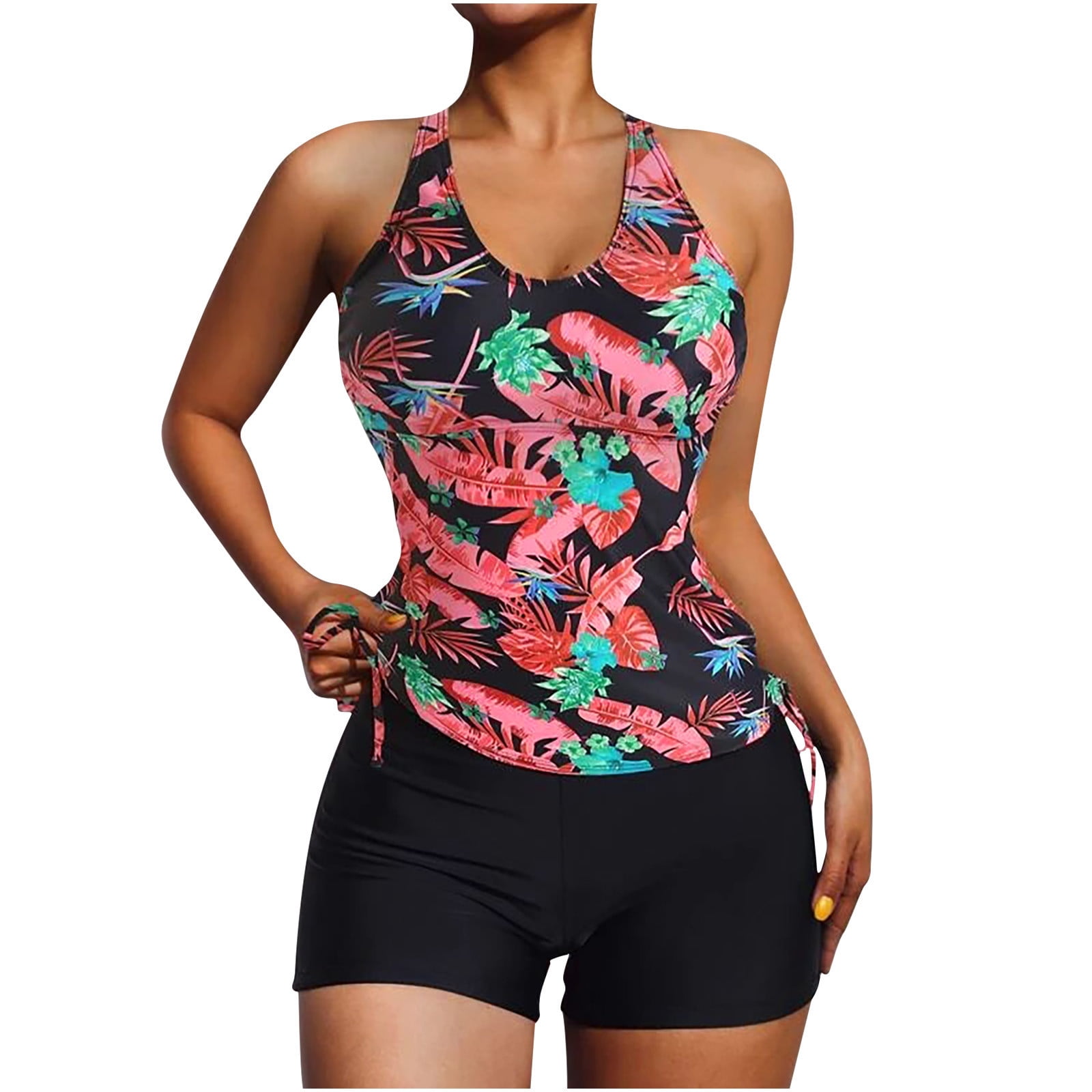 ZQGJB Modest Tankini Set Women's Swimsuit With Bra Without Steel Support  Bikini Multi-color Floral Printed Swimsuit with Shorts Split Two Piece