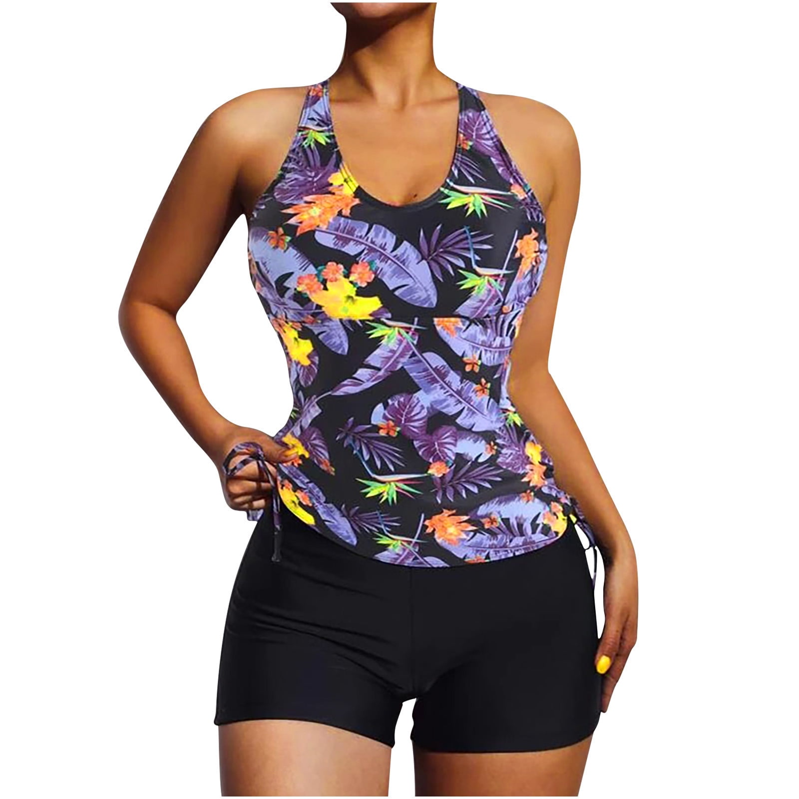 ZQGJB Modest Tankini Set Women's Swimsuit With Bra Without Steel Support  Bikini Multi-color Floral Printed Swimsuit with Shorts Split Two Piece  Swimwear(Purple,M) 