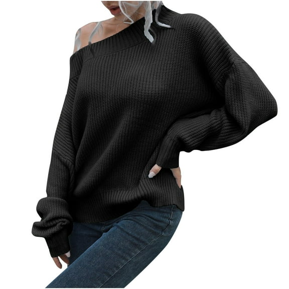 ZQGJB Off the Shoulder Knited Sweaters for Women Casual Long Sleeve Solid Color Pullover Jumper Tops Loose Comfy Baggy Knitwear Blouse Black L