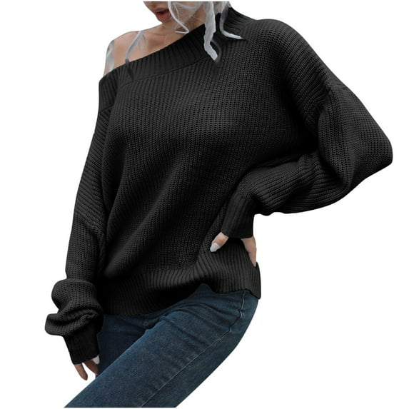 ZQGJB Off the Shoulder Knited Sweaters for Women Casual Long Sleeve Solid Color Pullover Jumper Tops Loose Comfy Baggy Knitwear Blouse Black L