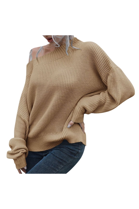 Off the Shoulder Knited Sweaters for Women Casual Long Sleeve Solid Color Pullover Jumper Tops Loose Comfy Baggy Knitwear Blouse Khaki M