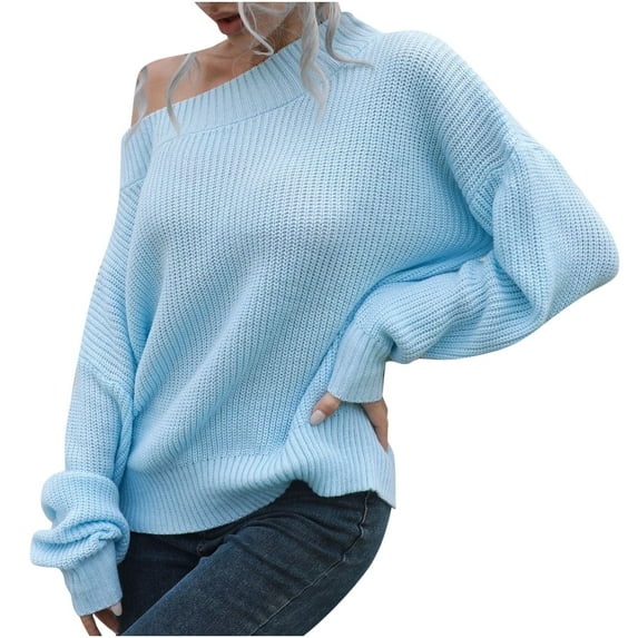 ZQGJB Off the Shoulder Knited Sweaters for Women Casual Long Sleeve Solid Color Pullover Jumper Tops Loose Comfy Baggy Knitwear Blouse Light Blue M