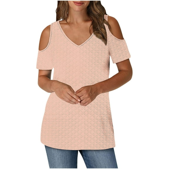 ZQGJB Off the Shoulder Tops for Women Casual Summer Lace Crochet Eyelet Hollow out V Neck Tunic Blouse Loose Fit Dressy Business Work Shirts Orange L