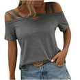 thumbnail image 1 of ZQGJB Off the Shoulder Tops for Women Casual Summer Short Sleeve Strappy Cutout Plain Tees Shirt Loose Relaxed Fitted Comfy Pullover Blouse Gray M, 1 of 7