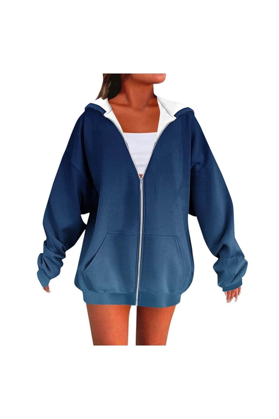 Ombre Hooded Jackets for Women Fall Winter Long Sleeve Full Zip up Hoodies Lightweight Casual Tie Dye Gradient Print Pullover Sweatshirts with Pockets Navy M