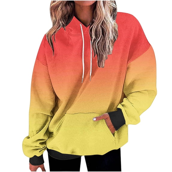 ZQGJB Ombre Hoodie Tops for Women Fall Casual Tie Dye Gradient Print Long Sleeve Drawstring Hooded Pullover Sweatshirts Loose Oversized Comfy Baggy Sport Shirts Orange S