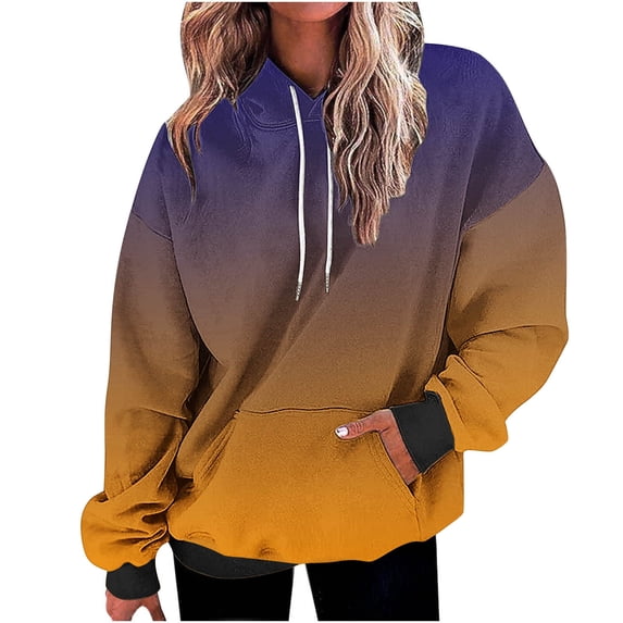 ZQGJB Ombre Hoodie Tops for Women Fall Casual Tie Dye Gradient Print Long Sleeve Drawstring Hooded Pullover Sweatshirts Loose Oversized Comfy Baggy Sport Shirts Yellow L