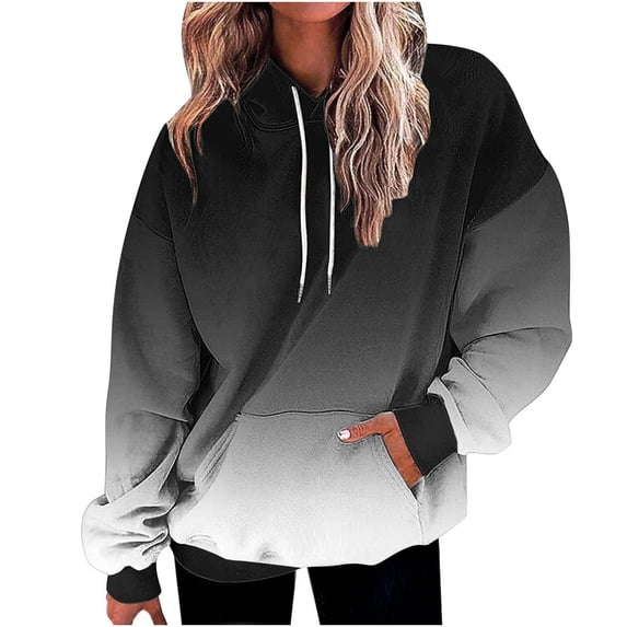 ZQGJB Ombre Hoodie Tops for Women Fall Casual Tie Dye Gradient Print Long Sleeve Drawstring Hooded Pullover Sweatshirts Loose Oversized Comfy Baggy Sport Shirts Black S