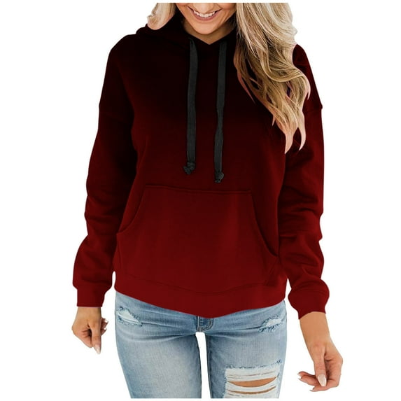 ZQGJB Ombre Hoodies for Women Plus Size Casual Drawstring Hooded Pullover Sweatshirts Fall Gradient Color Printed Long Sleeve Sweater Tops with Pockets Z#01-Wine S
