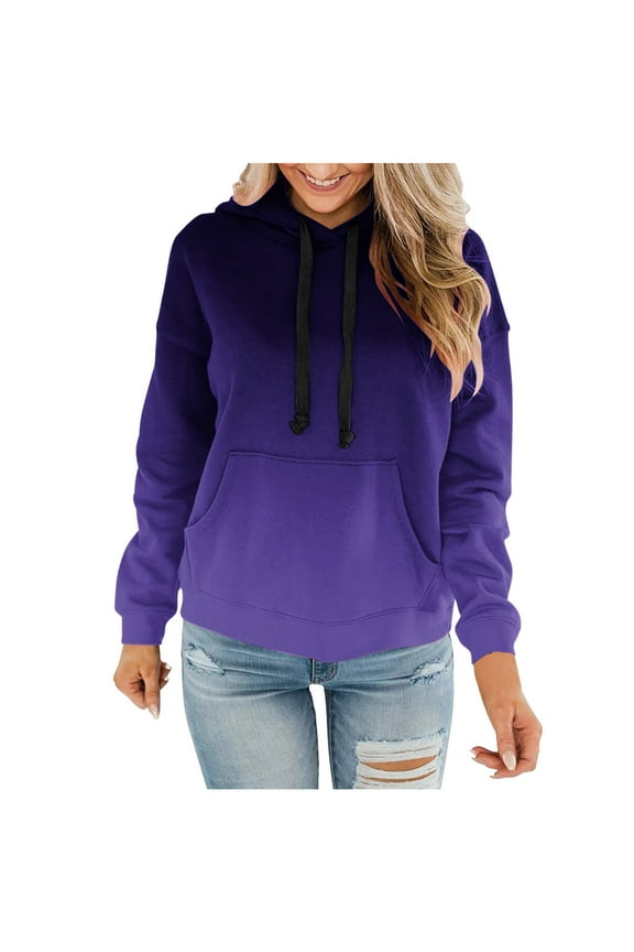 Ombre Hoodies for Women Plus Size Casual Drawstring Hooded Pullover Sweatshirts Fall Gradient Color Printed Long Sleeve Sweater Tops with Pockets Z-Dark Purple XXXXL