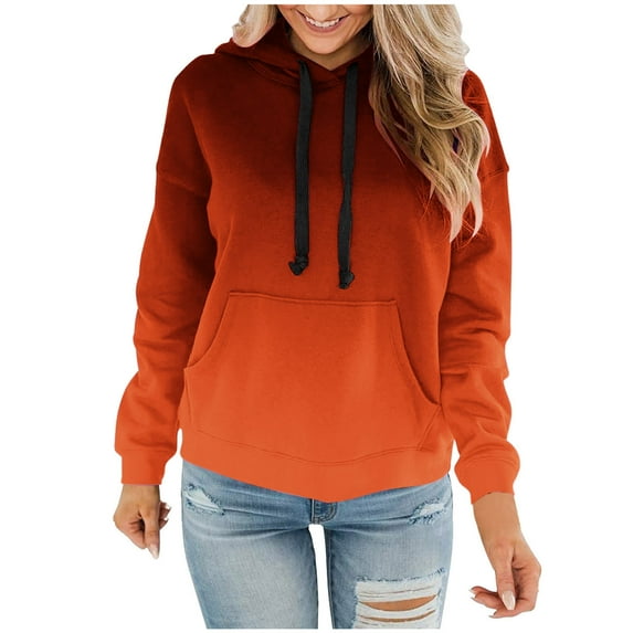 ZQGJB Ombre Hoodies for Women Plus Size Casual Drawstring Hooded Pullover Sweatshirts Fall Gradient Color Printed Long Sleeve Sweater Tops with Pockets Z-Orange L