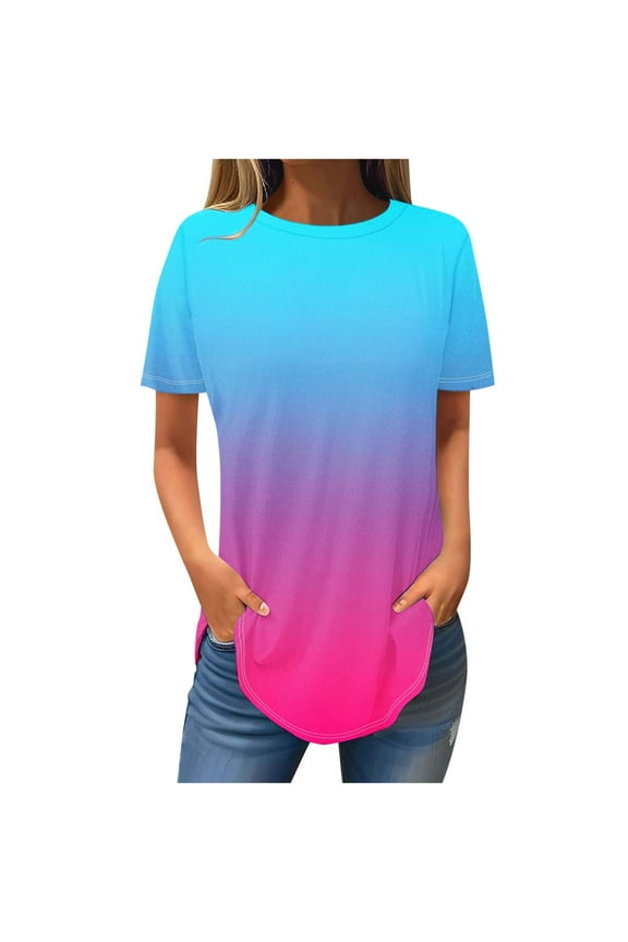 Ombre Long T-Shirts for Women Casual Summer Short Sleeve Tie Dye Gradient Print Pullover Tops Loose Lightweight Comfy Tunic Blouse for Leggings Blue XXL