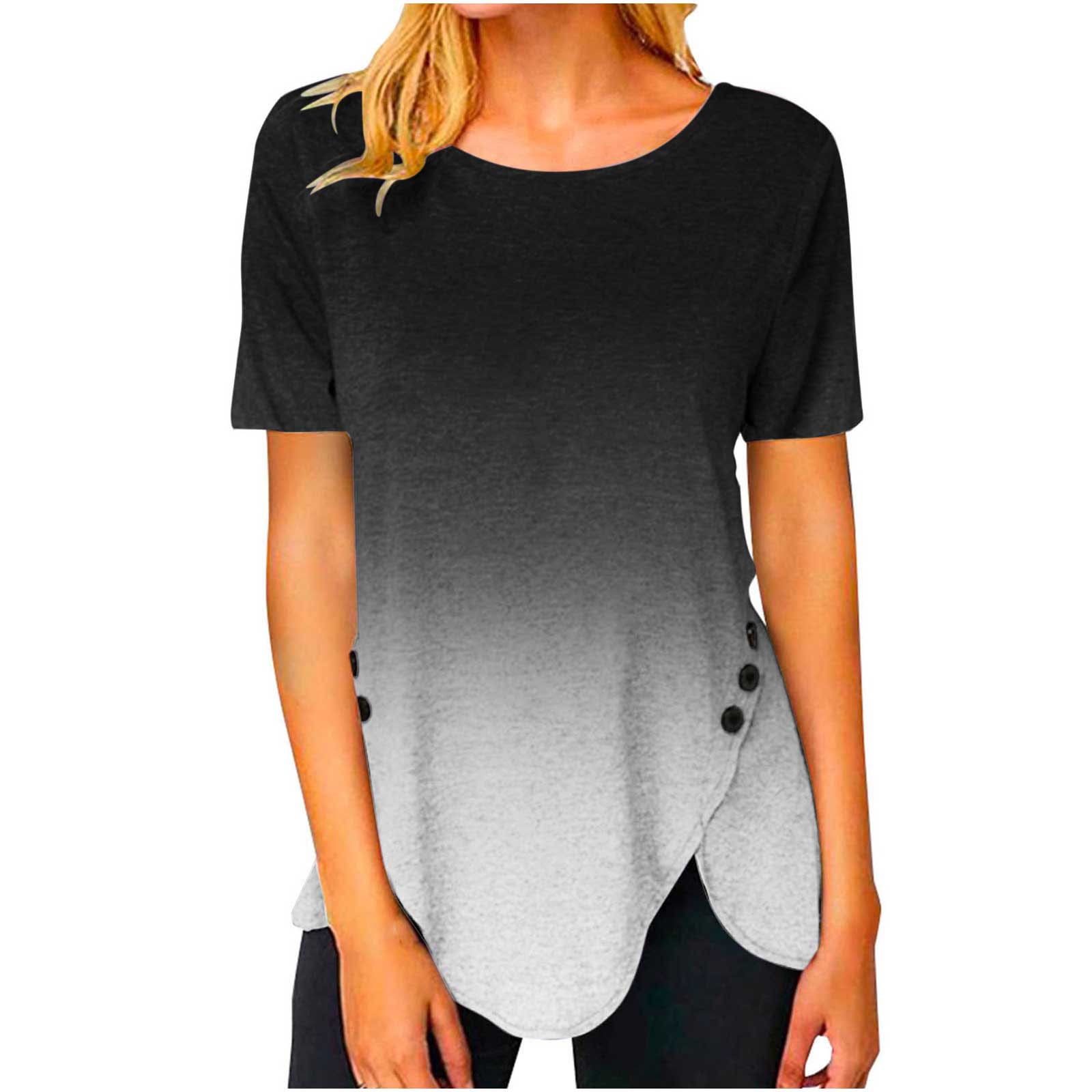 ZQGJB Ombre Shirts for Women Summer Casual Short Sleeve Striped Crewneck Tees Trendy Pullover