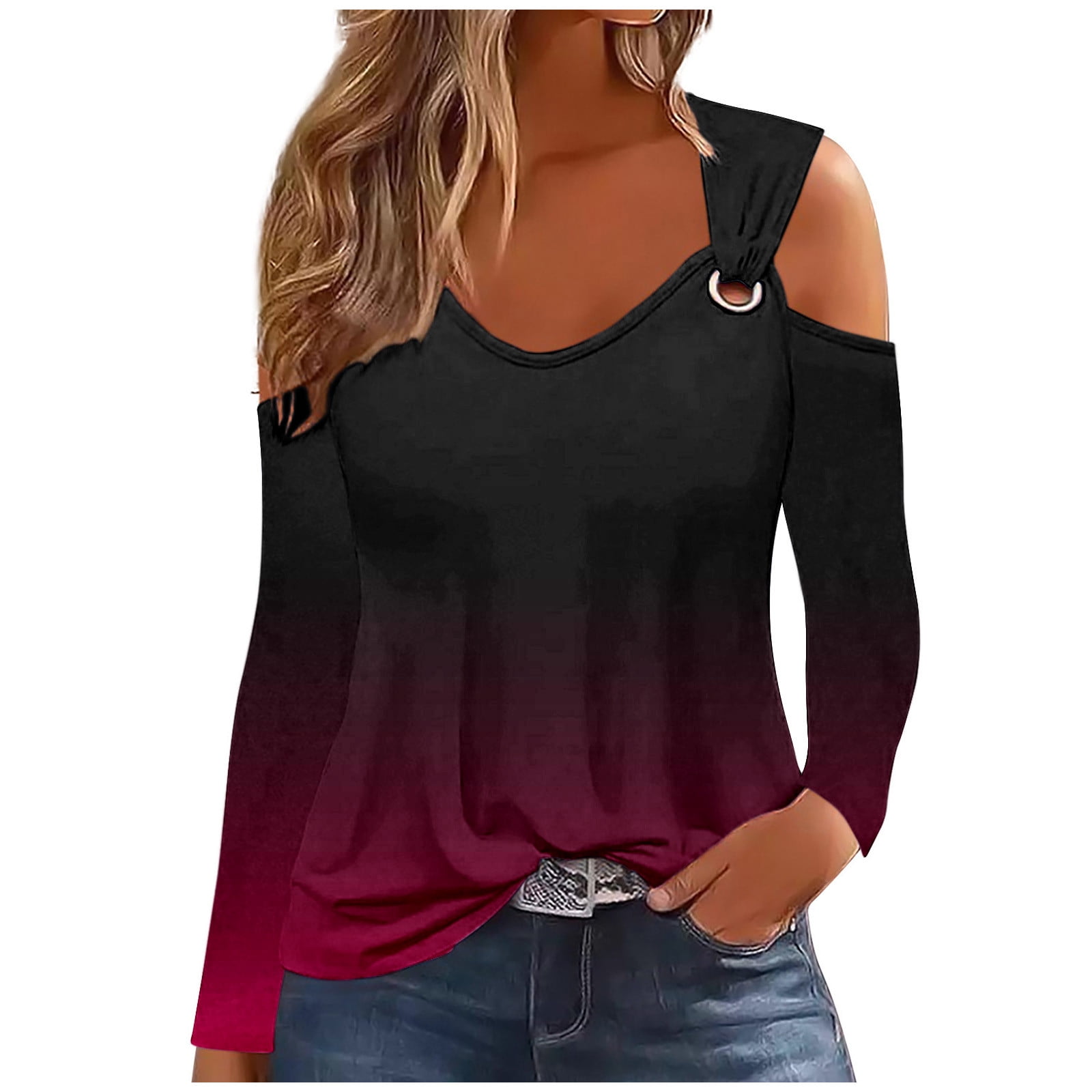ZQGJB Ombre Shirts for Women Trendy Gradient Color Print Long Sleeve Strappy V Neck Off the