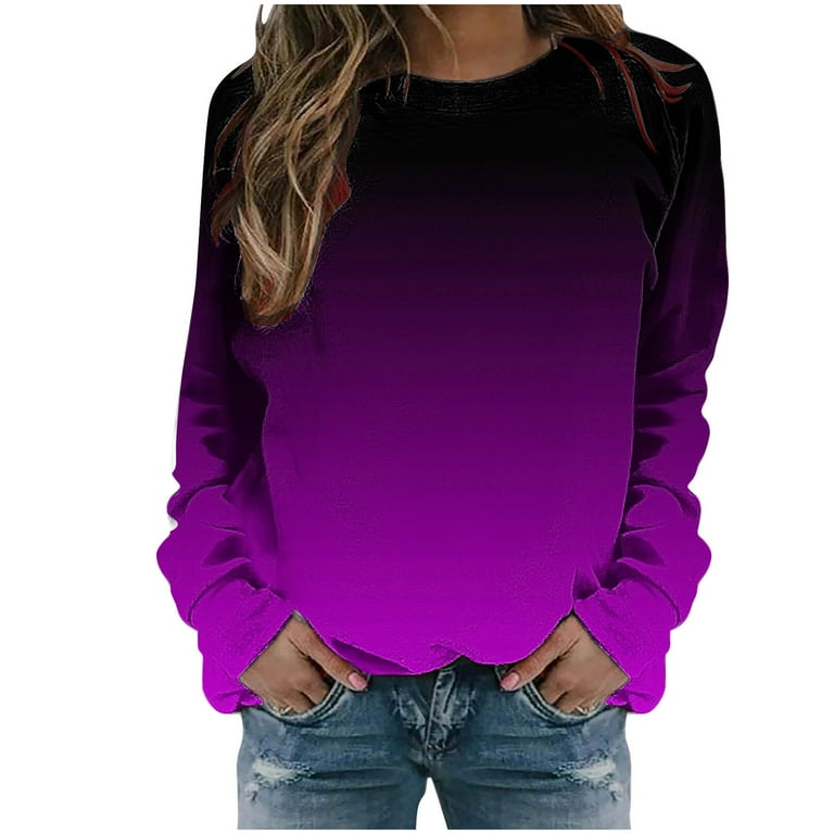 ZQGJB Ombre Sweatshirts for Women Casual Tie Dye Gradient Print Long Sleeve Fall Crewneck Pullover Tops Loose Lightweight Comfy Tunic Blouse Purple XXL Walmart