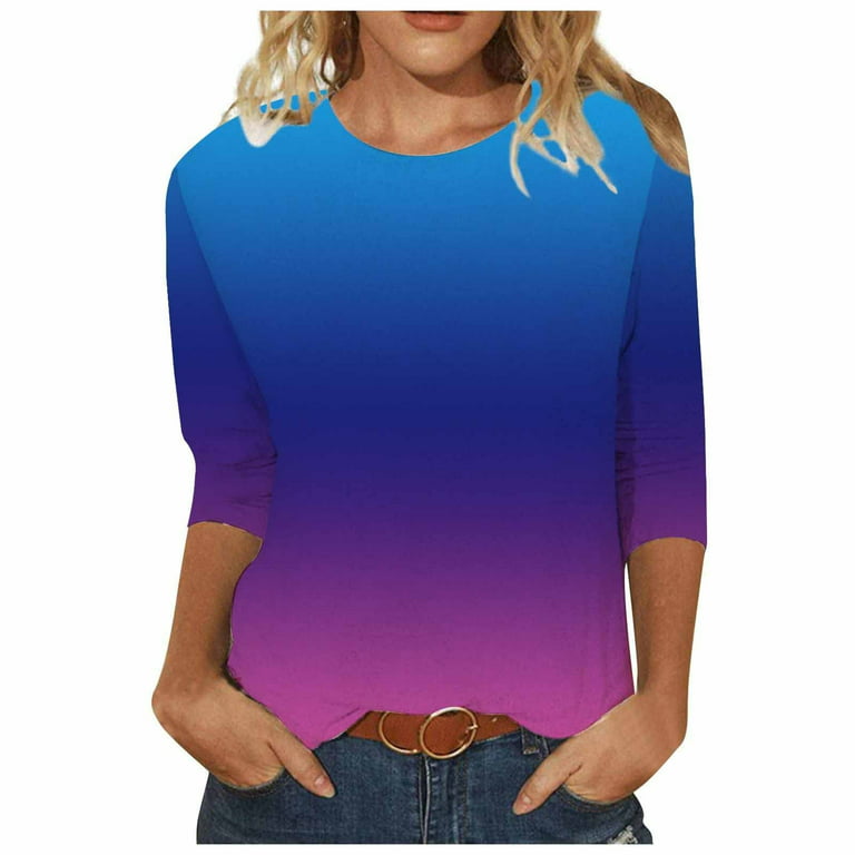 ZQGJB Ombre T-Shirts for Women Clearance Casual 3/4 Sleeve Round