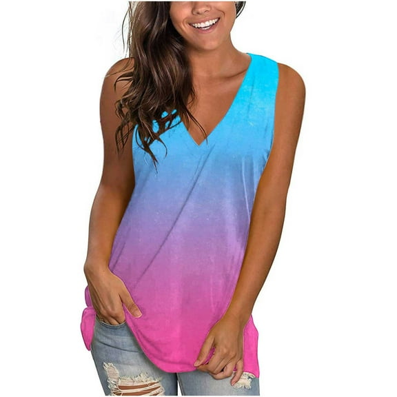 ZQGJB Ombre Tank Tops for Women Trendy Workout Summer Sleeveless Tie Dye Gradient Print V Neck Camisole Vest Loose Flowy Comfy Tunic Blouse Sky Blue L