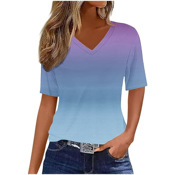 ZQGJB Ombre Tops for Women Trendy Summer Short Sleeve V Neck Tie Dye Graphic Tunic T-Shirts Loose Oversied Dressy Casual Pullover Blouse Navy XXXL