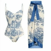 ZQGJB One Piece Bathing Suit for Women with Bikini Long Chiffon Maxi Wrap Skirts Summer 2 Piece Floral Print Swimsuit Tummy Control Tankini Set(Blue,L)