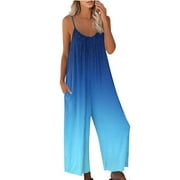 ZQGJB One Piece Jumpsuits for Women Casual Summer Sleeveless Spaghetti Strap V Neck Floral Print Jumpsuit with Pockets Loose Baggy Wide Leg Pants Rompers Overalls #01-Blue XL